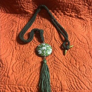 Floral Green Cloisonne Tassel Necklace Silk Cord 1970s Enamel Double Sided Asian